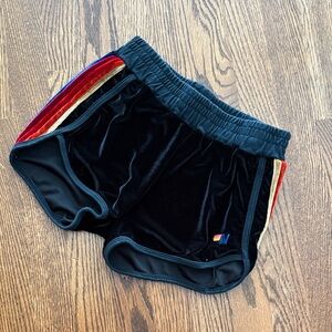 Aviator Nation Black Velvet Athletic Shorts with Multicolor Stripes